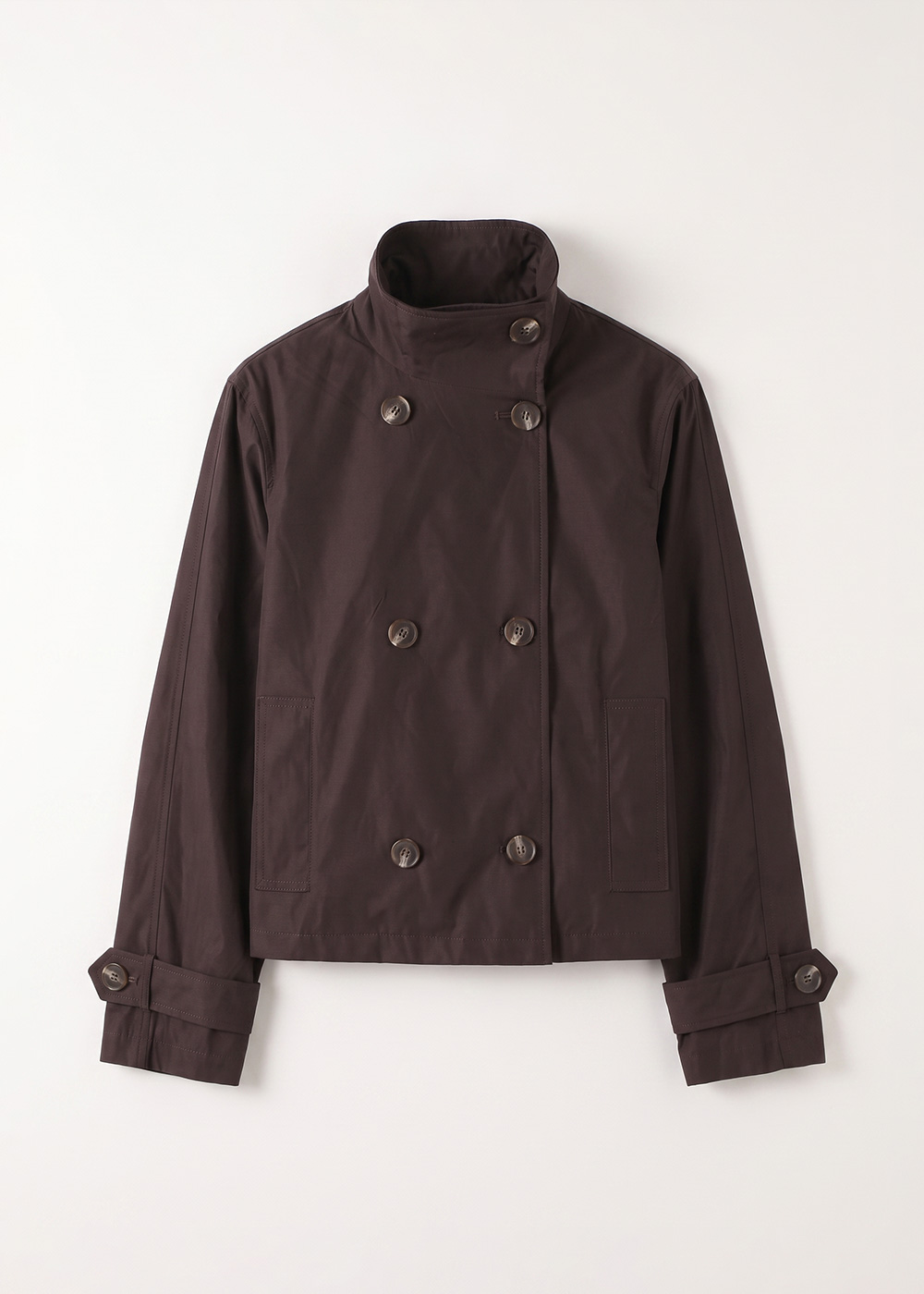 Dark brown double-breasted cropped jacket with high funnel collar and buttoned cuff straps, flat-lay on white background