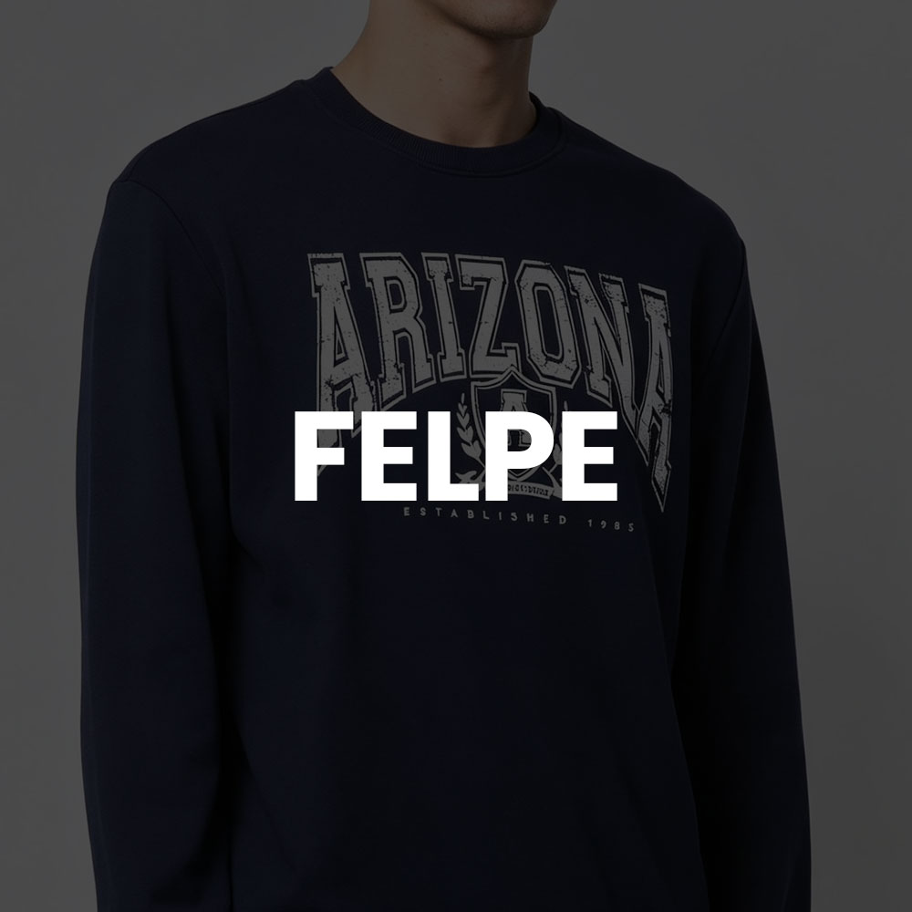 Navy crew-neck sweatshirt on model featuring a large distressed 'ARIZONA' collegiate print across the chest