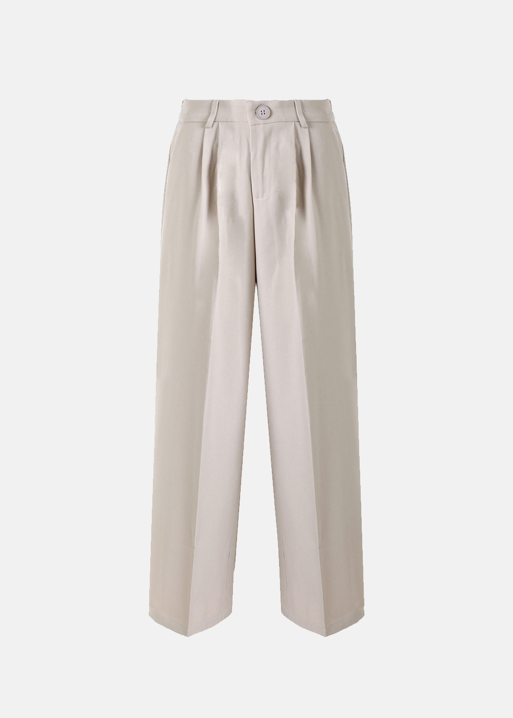 Beige high-waisted wide-leg women's trousers with front pleats, buttoned waistband and pressed creases