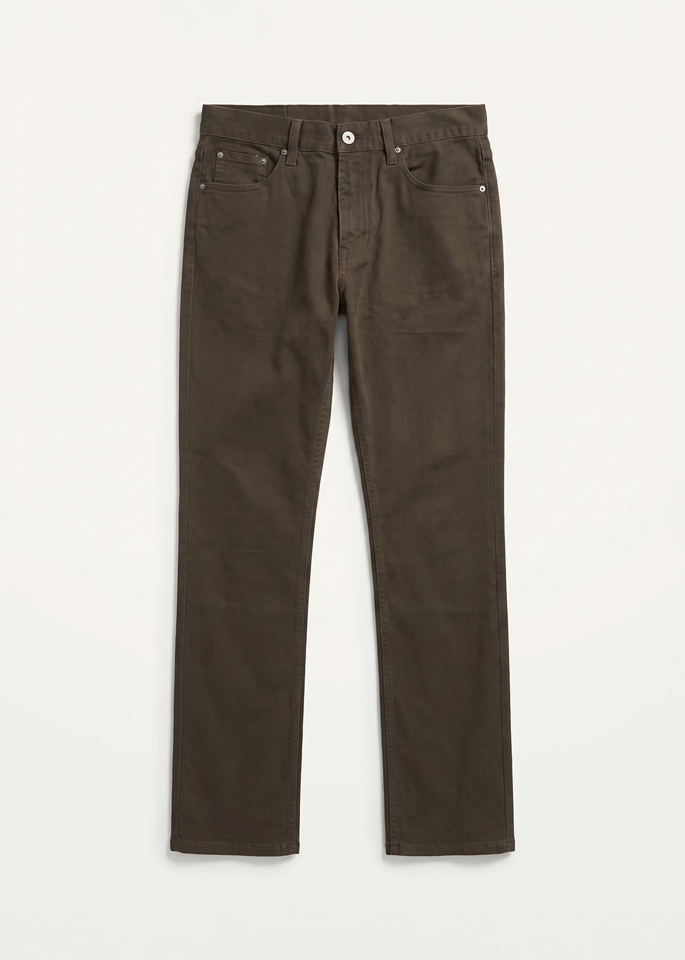 Men's brown straight-leg jeans laid flat on a white background, five-pocket design with button-and-zip fastening