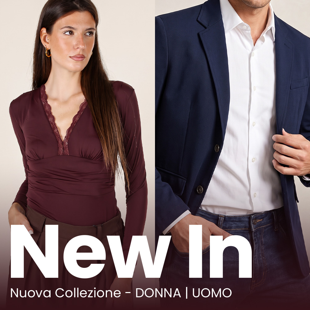 Split image of woman in a burgundy lace V‑neck top and man in a navy blazer with white shirt and jeans, New In collection