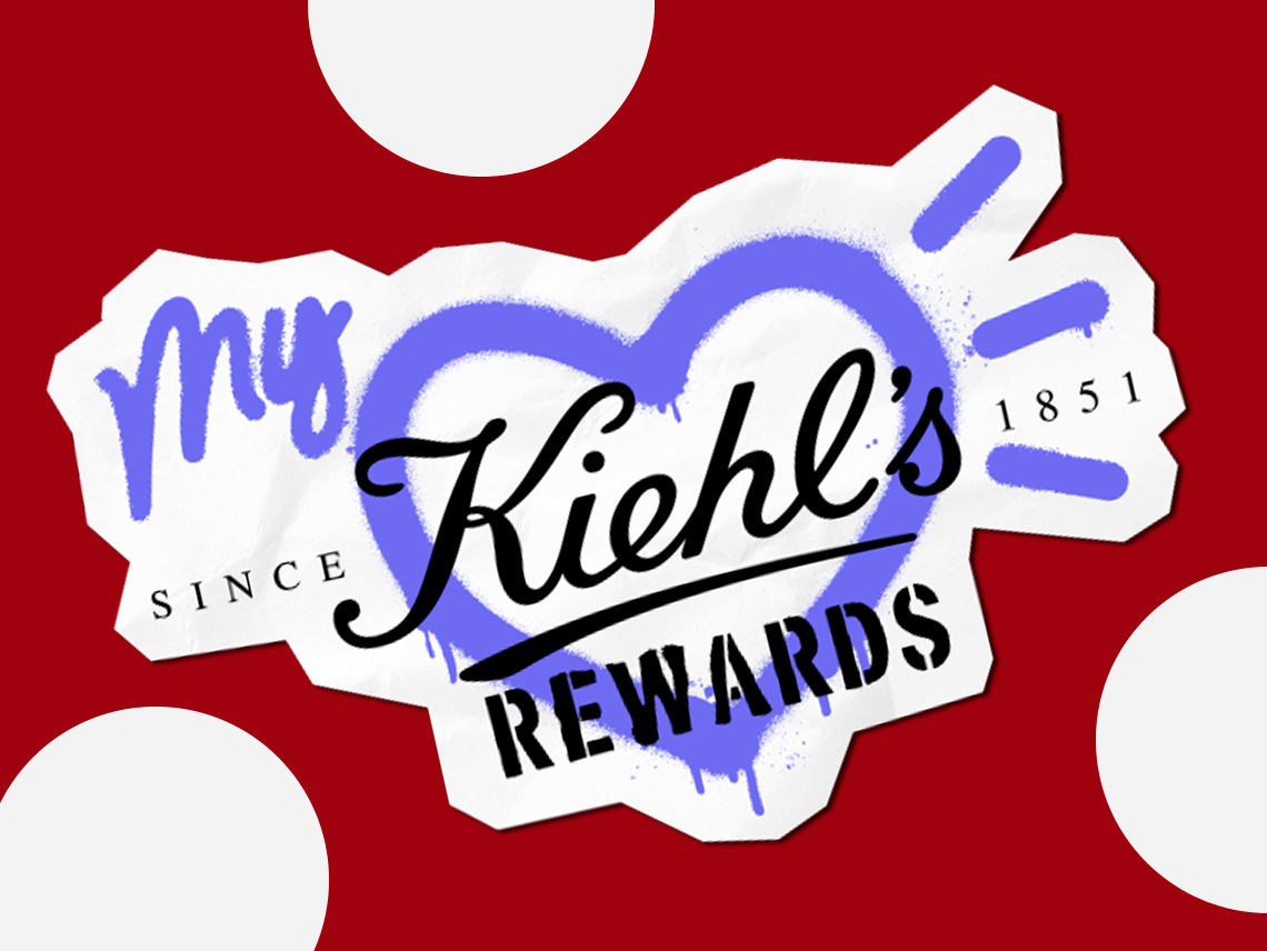 Logo My Kiehl's Rewards con cuore viola in stile graffiti su sfondo rosso a pois