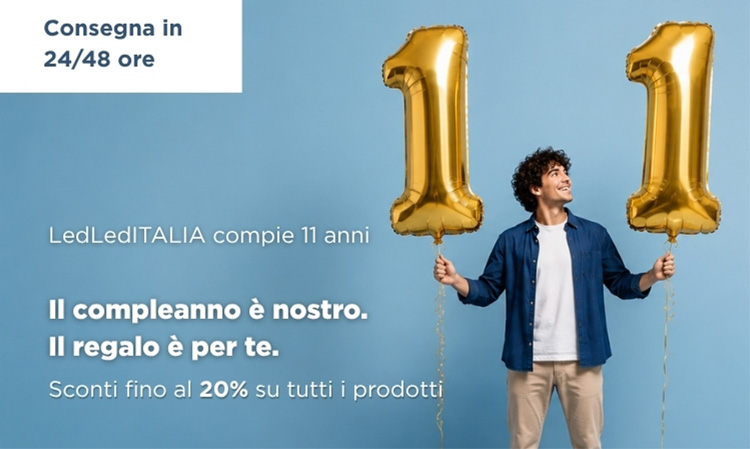 Young man holding two gold '11' balloons beside Italian text announcing LedLedITALIA 11th anniversary sale with up to 20% off and 24/48h delivery