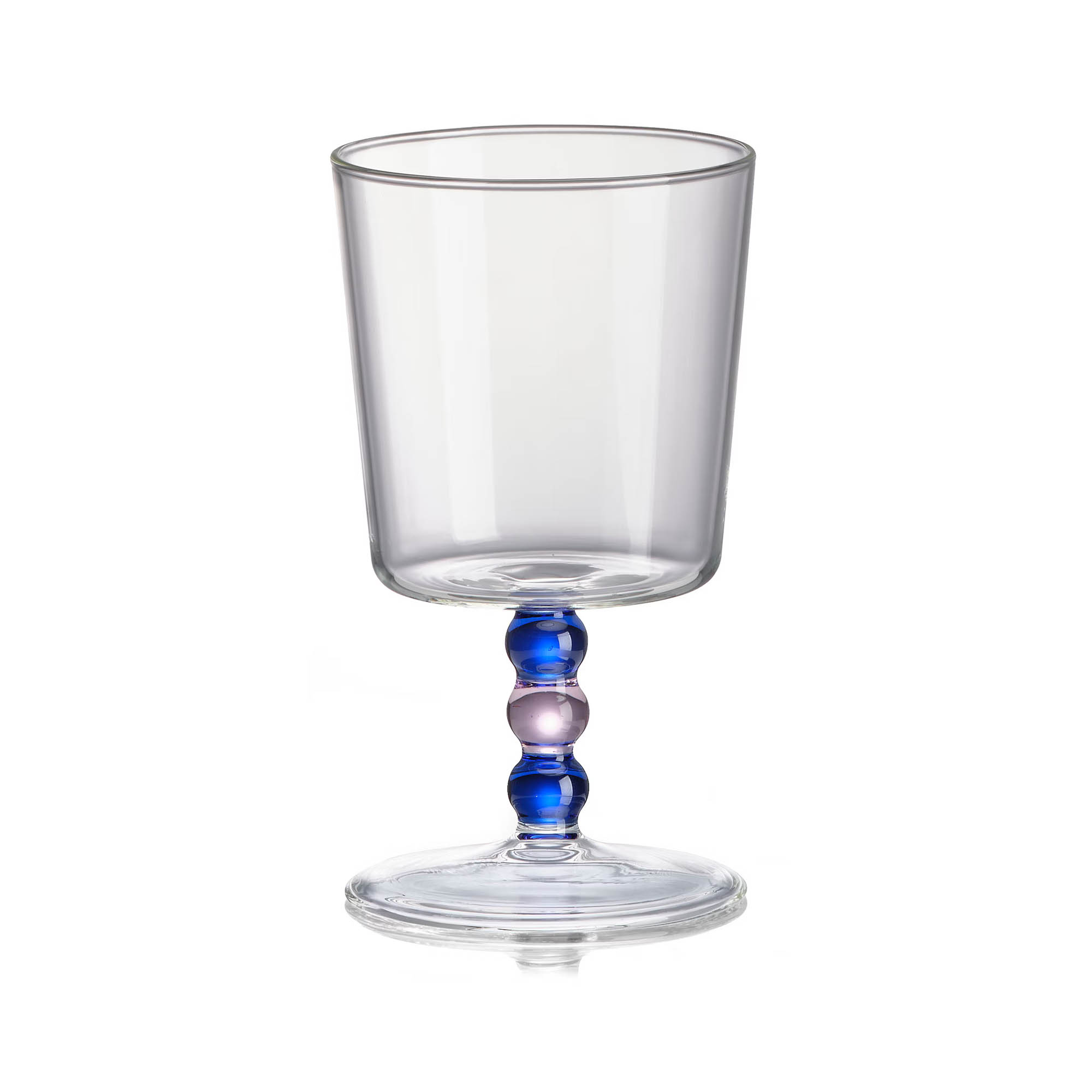 Clear wine glass with cylindrical bowl and decorative beaded stem in alternating cobalt blue and pale pink on a round foot