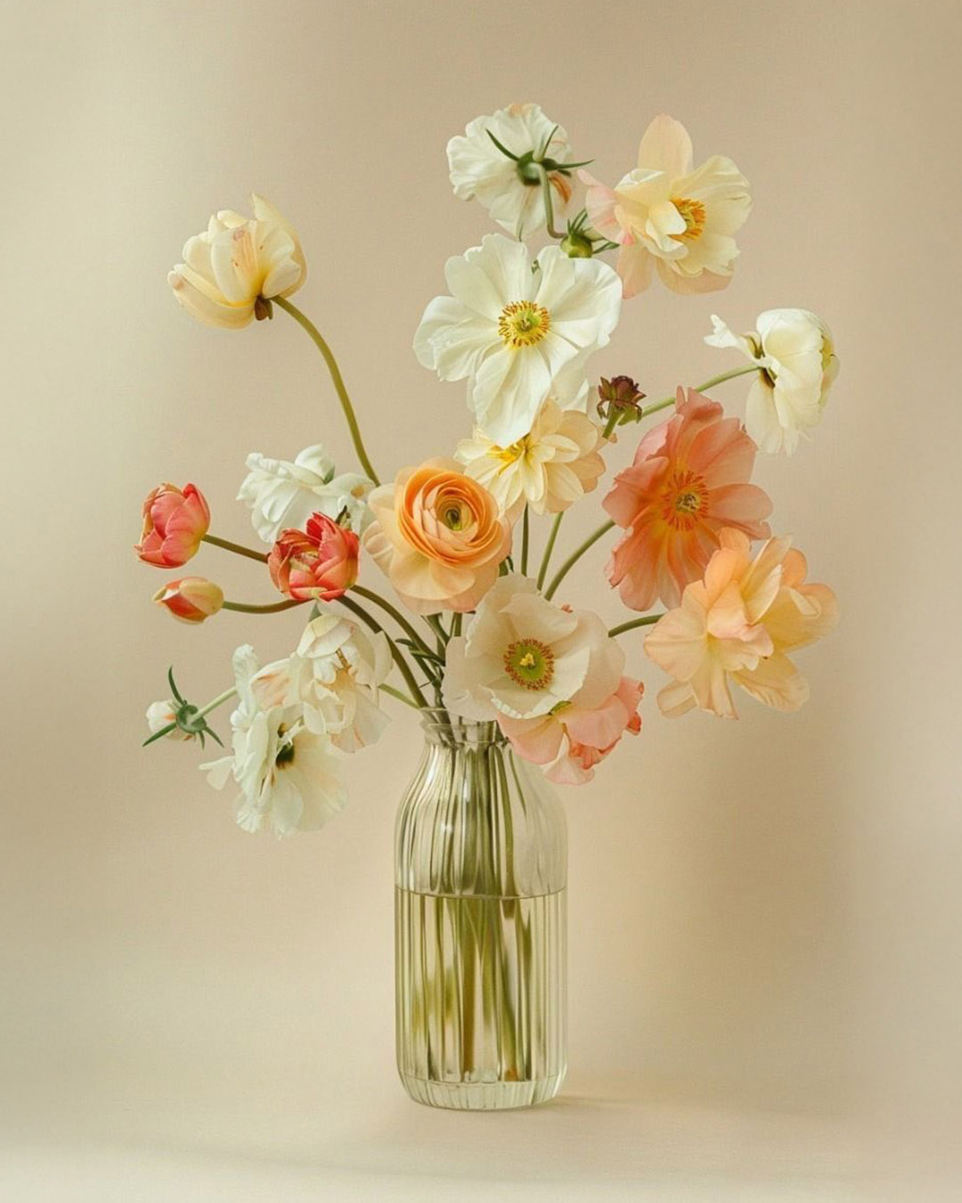 Delicate spring bouquet of peach, coral and white ranunculus and anemone flowers in a clear glass vase on a soft beige background