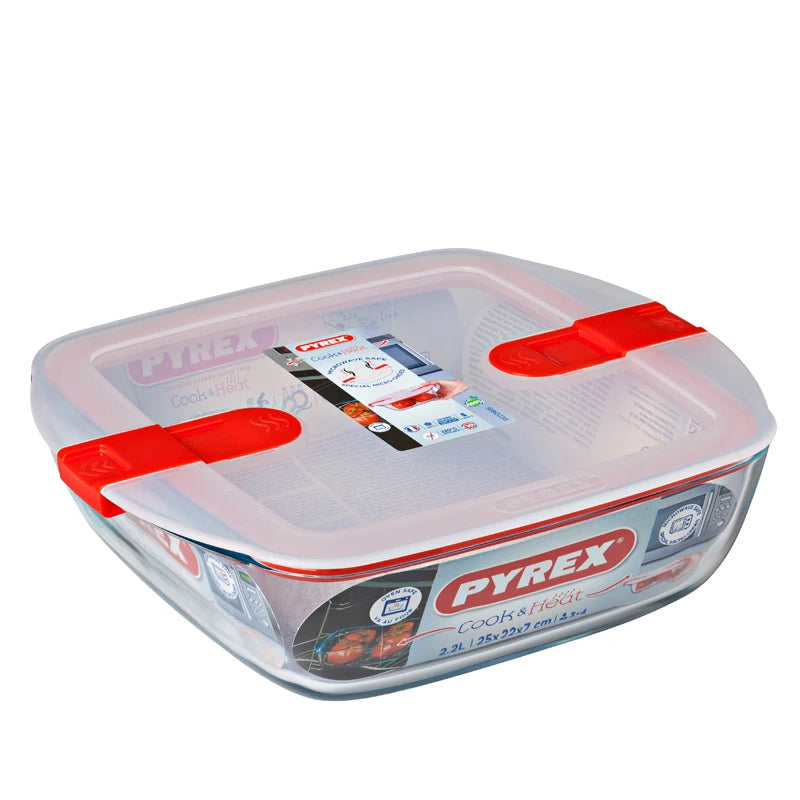 Cook & Heat Contenitore Per Alimenti Quadrato In Vetro Borosilicato Con Coperchio con valvola a vapore - 20x17 cm