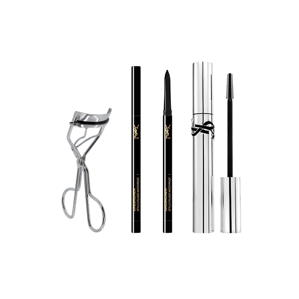 Un set trucco occhi con un piegaciglia, due matite nere e un mascara argento YSL.