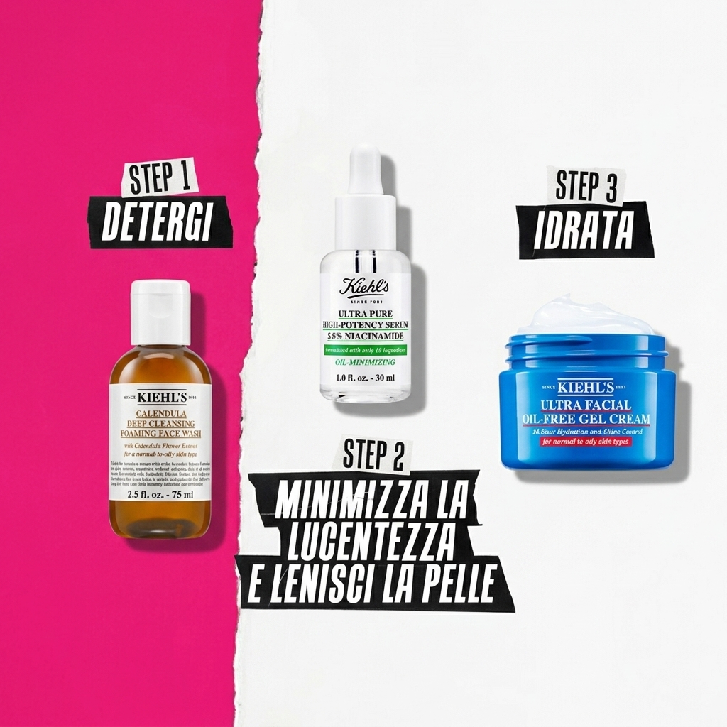Routine Kiehl's: Step 1 Calendula Face Wash, Step 2 Niacinamide Serum, Step 3 Ultra Facial Oil-Free Gel Cream
