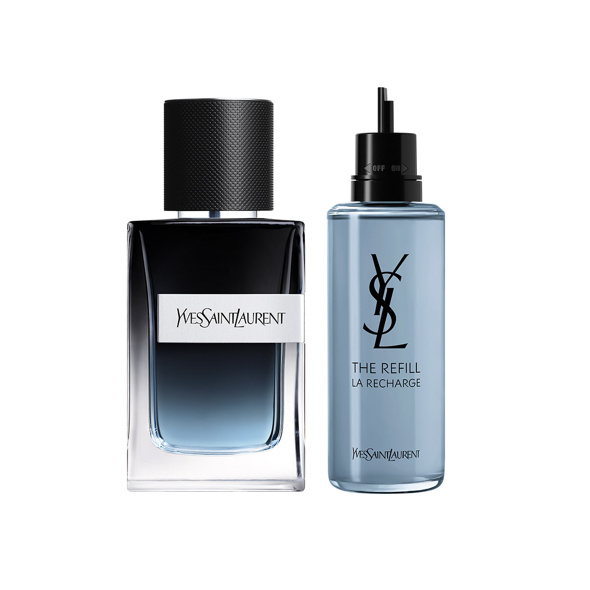 Un flacone di YSL Y Eau de Parfum esposto accanto alla sua ricarica azzurra.