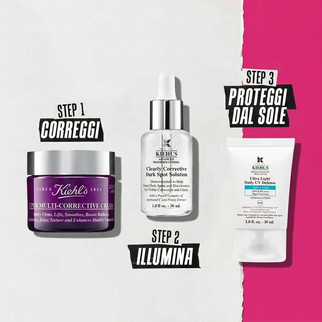 Routine Kiehl's: Step 1 Multi-Corrective Cream, Step 2 Dark Spot Solution, Step 3 Ultra Light UV Defense