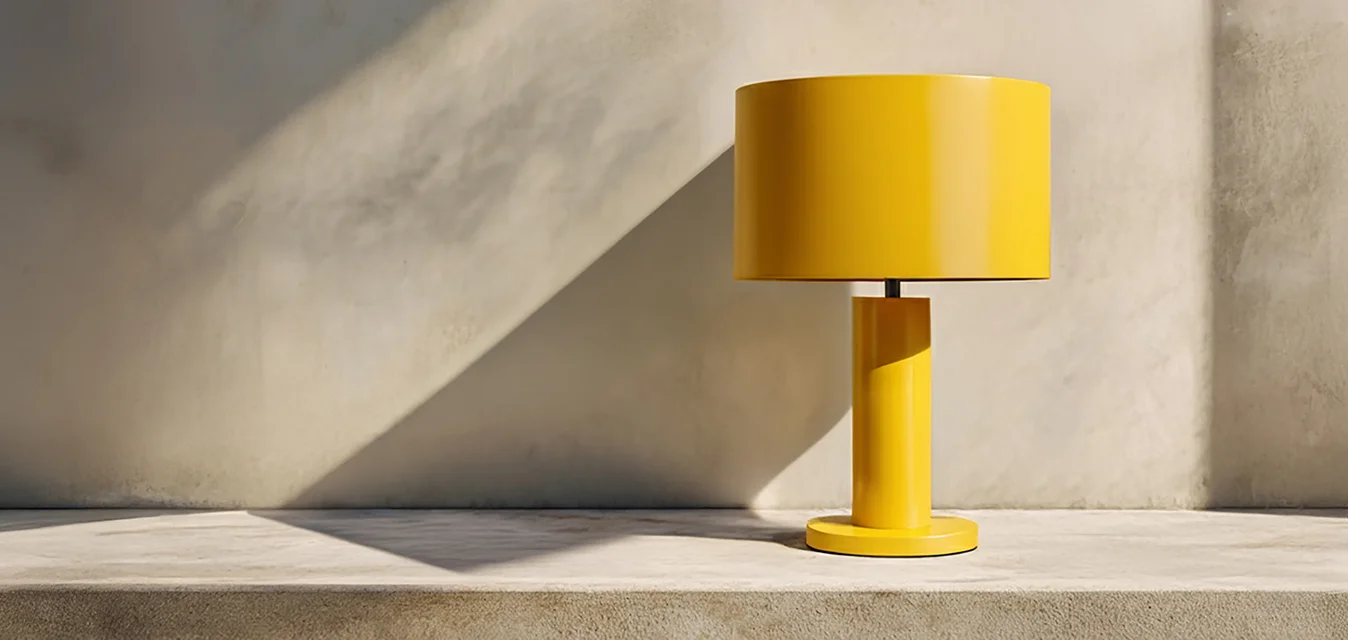 Lampada da tavolo moderna gialla posizionata su una mensola in cemento con luce solare inclinata che proietta ombre su una parete semplice e texturizzata.