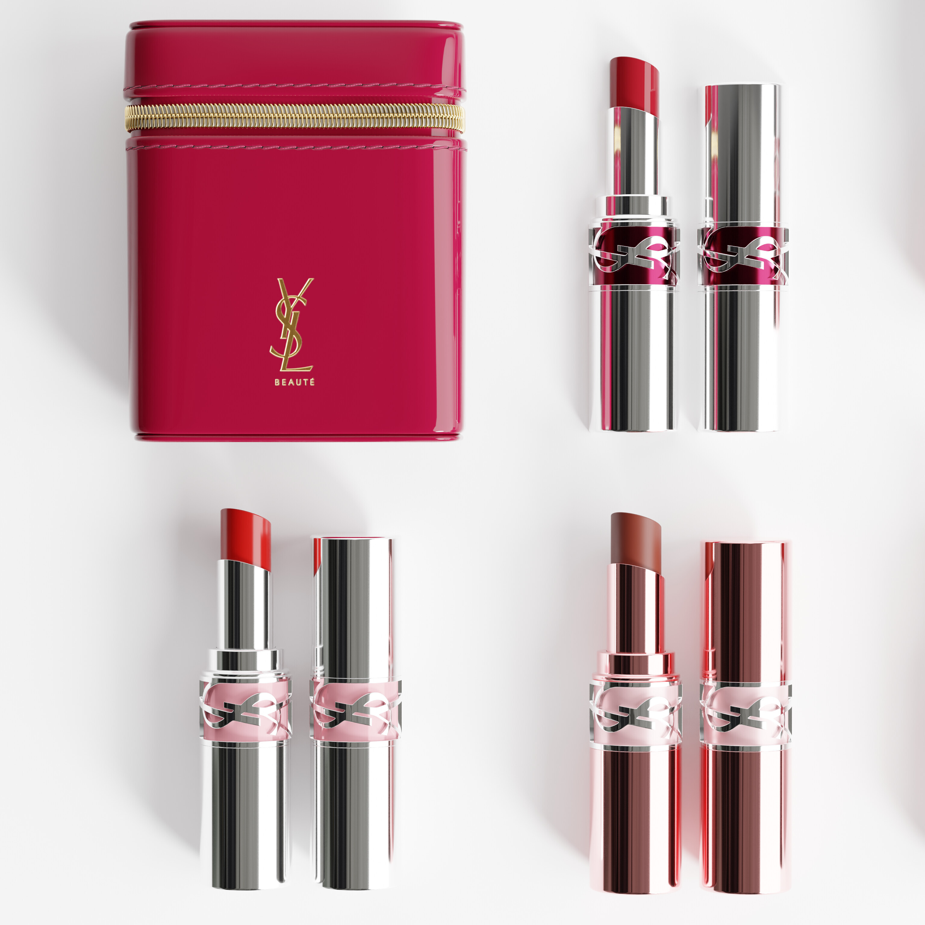 Un beauty case YSL rosa fucsia circondato da tre rossetti YSL Loveshine in astucci argento e oro rosa.