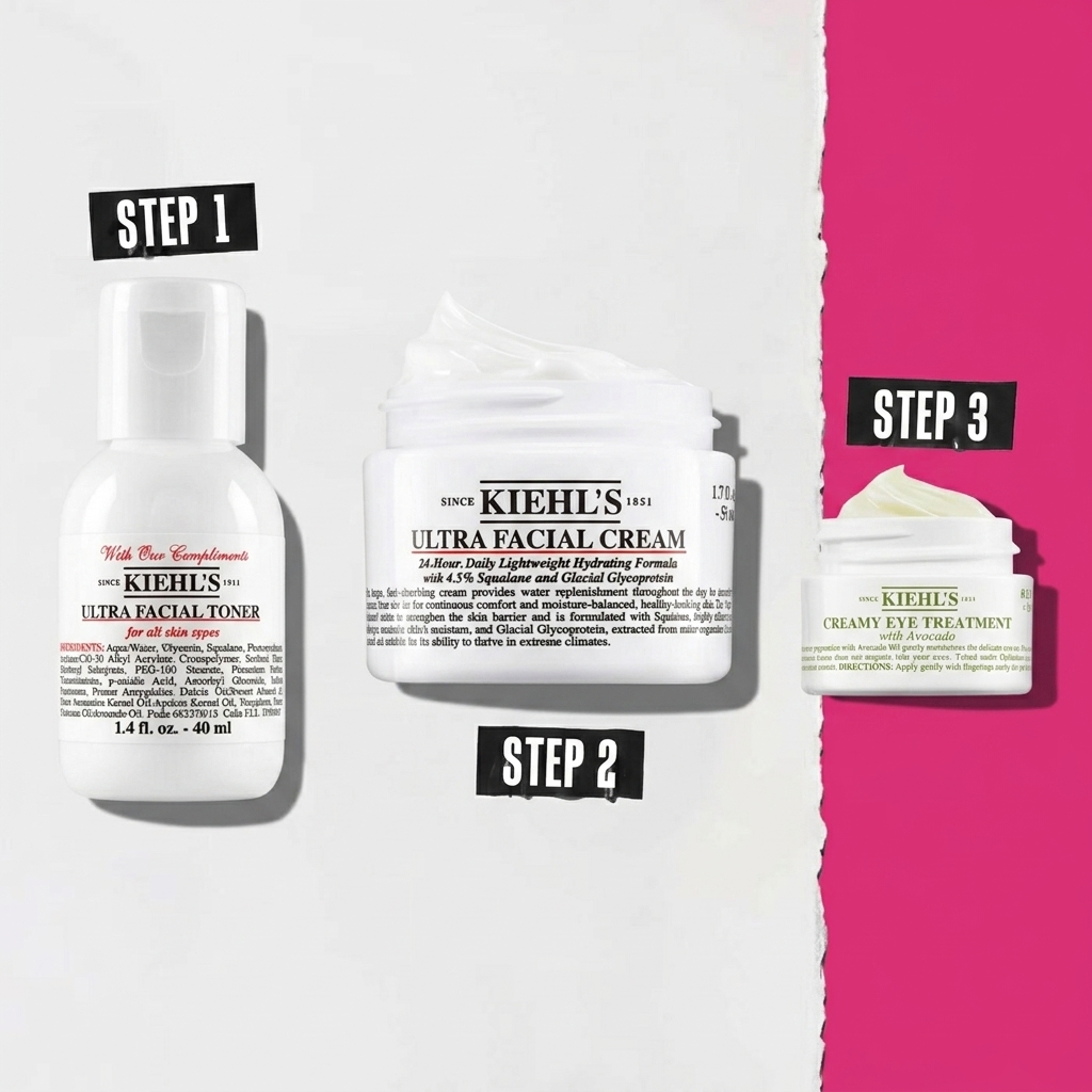 Routine Kiehl's: Step 1 Retinol Micro-Dose Serum, Step 2 Super Multi-Corrective Cream su sfondo bianco e rosa