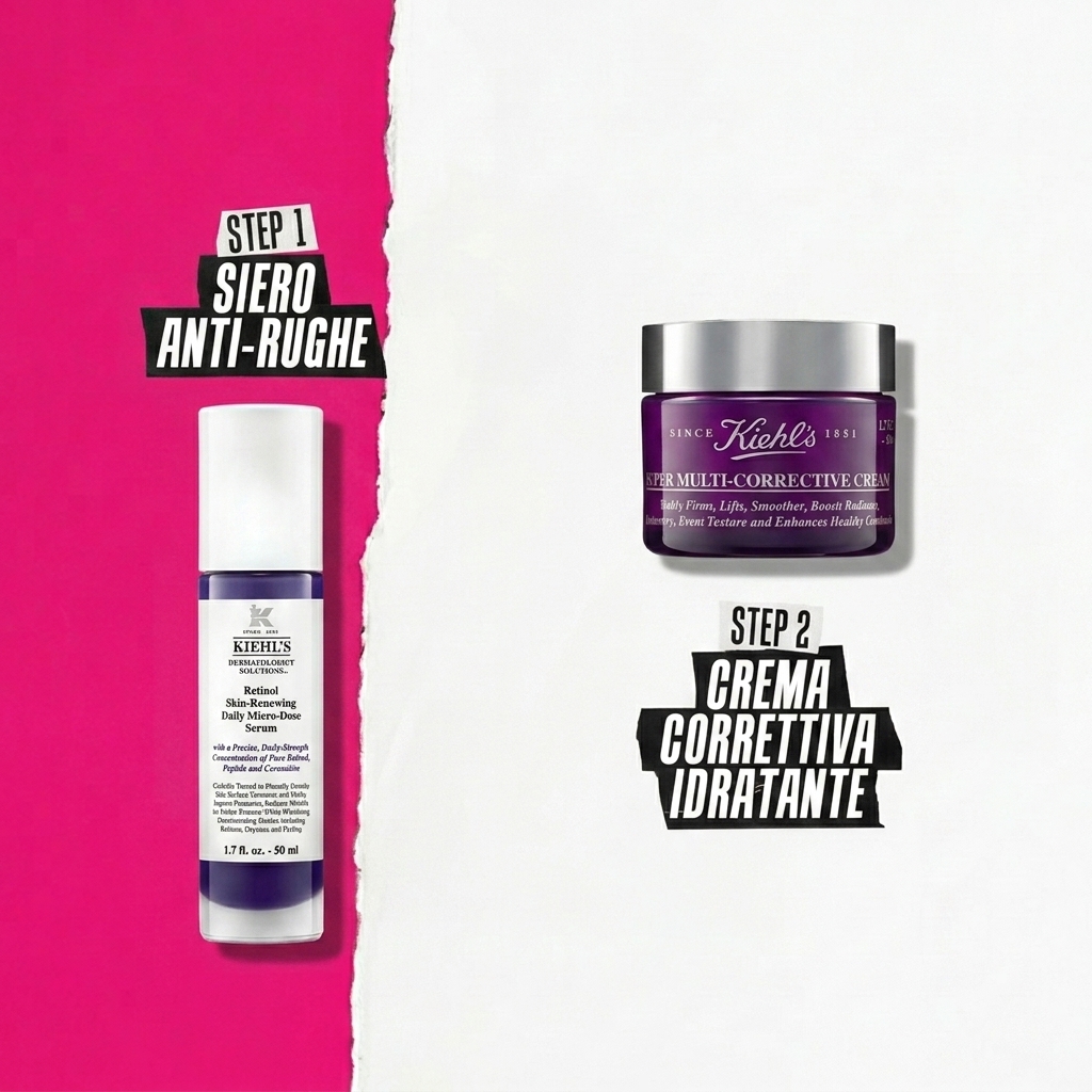 Retinol skin serum e Super Multi-Corrective Cream su sfondo bianco e rosa