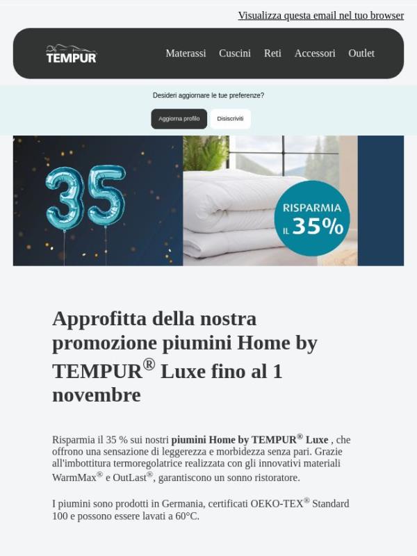 Risparmia il 35 % sui nostri piumini fino al 1 novembre!