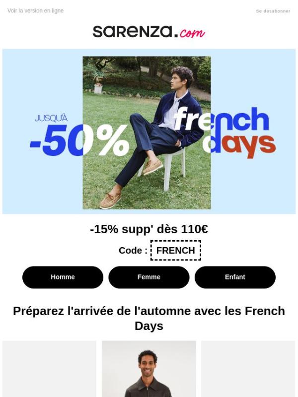 🔵⚪🔴 French Days Sarenza : jusqu'à -50% et -15% supp' dès 110€