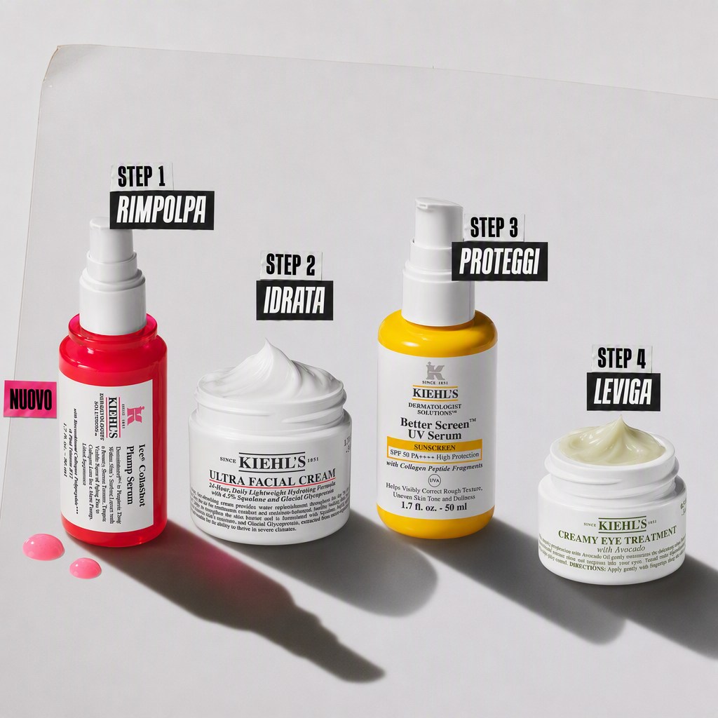 Routine viso Kiehl's in 4 step: 1 Rimpolpa con siero, 2 Idrata con crema, 3 Proteggi con SPF 50 e 4 Leviga contorno occhi