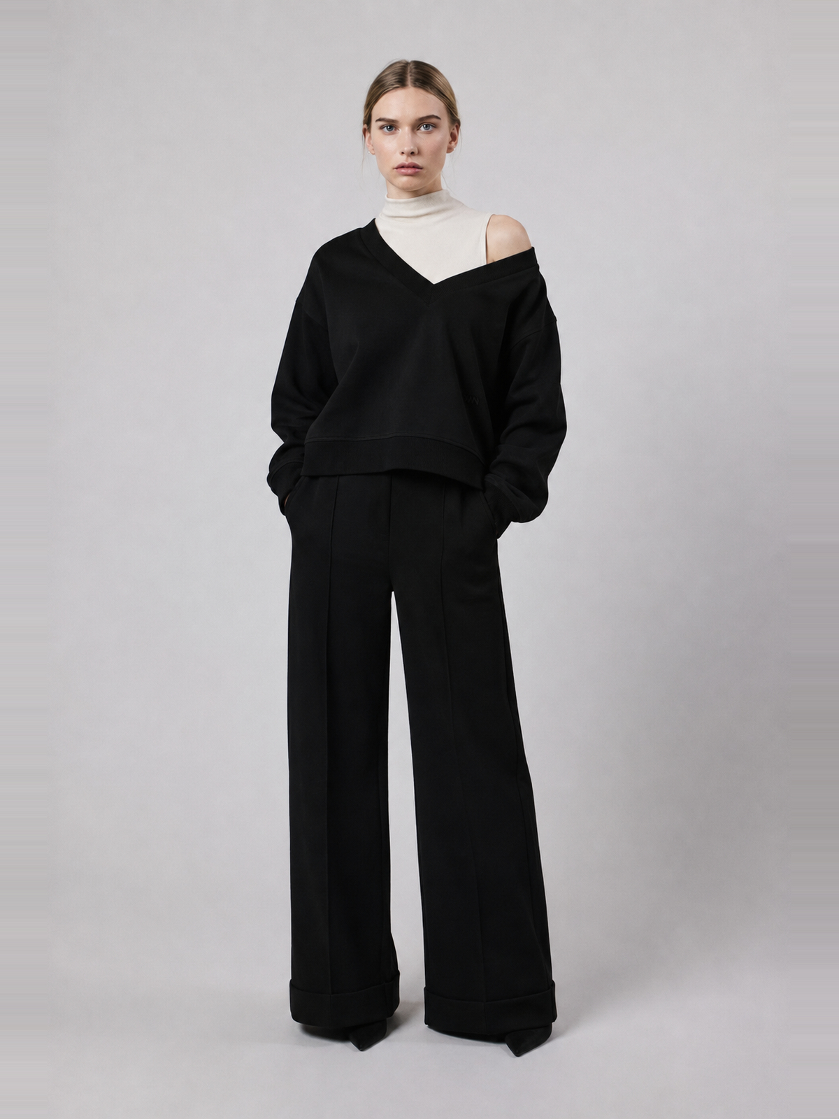 Pantalone Palazzo con Risvolto in Interlock Black