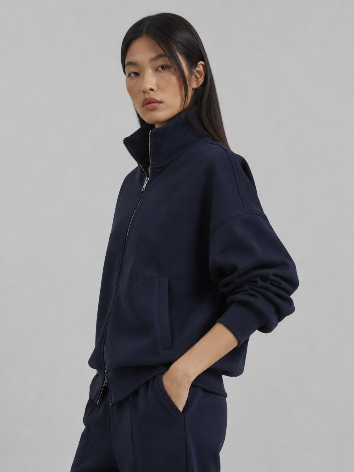 Felpa Collo Lupetto con Zip in Interlock Navy