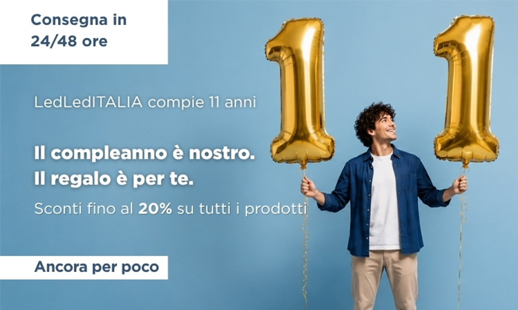 Man holding two gold '1' balloons forming '11' against a blue background, promoting LedLedITALIA 11th anniversary sale with up to 20% off