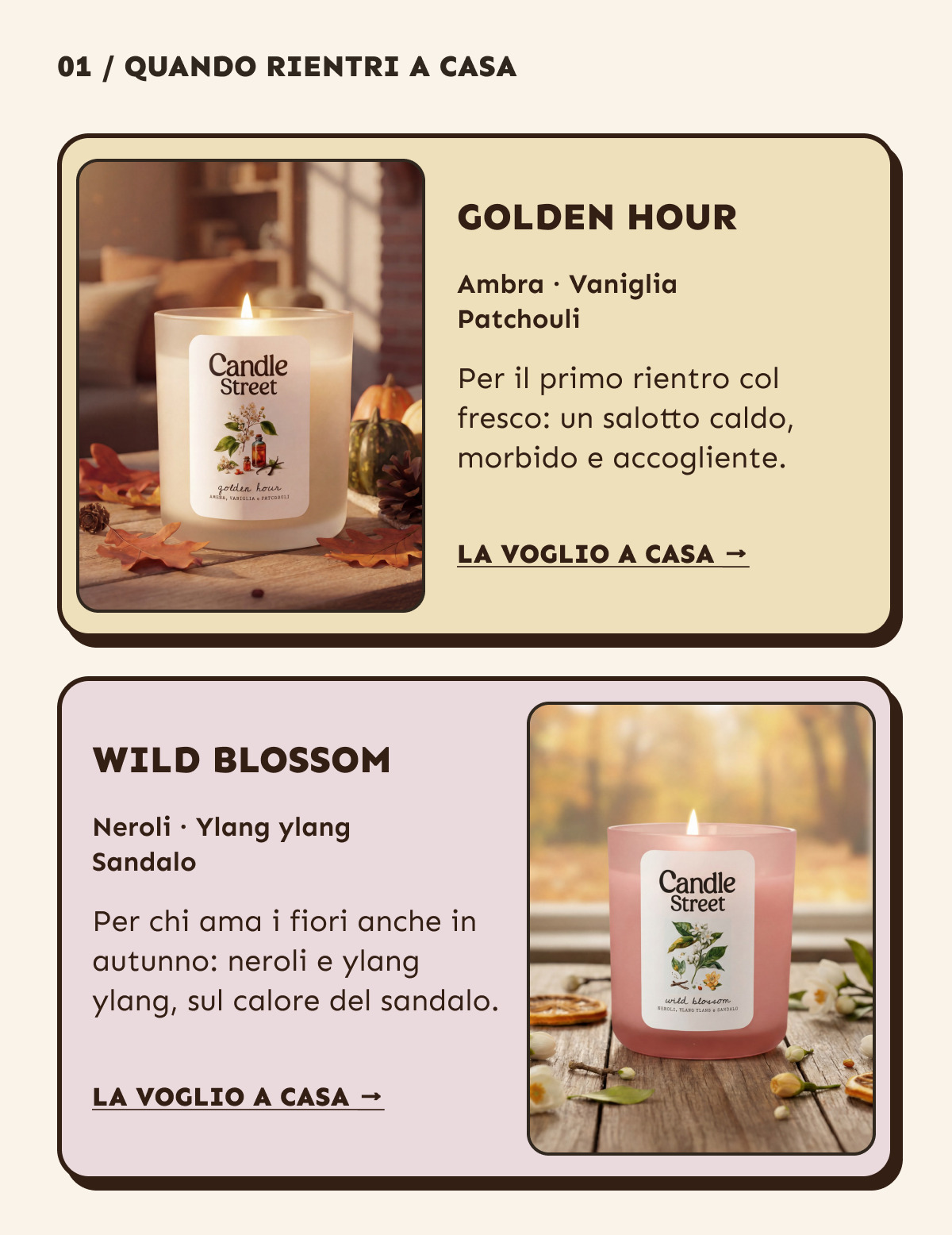 Quando rientri a casa: Golden hour, ambra, vaniglia e patchouli; Wild Blossom, neroli, ylang ylang e sandalo.