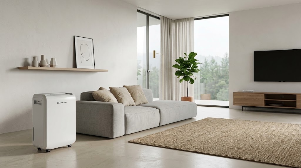 Minimalist living room with grey sofa, jute rug, large window, potted plant and a white portable air purifier beside the sofa