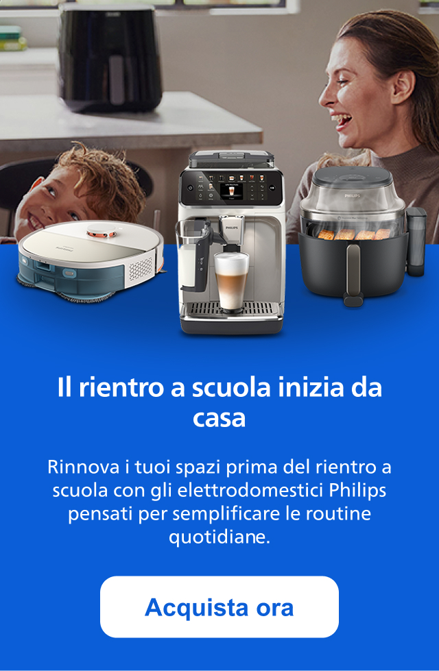 Il rientro a scuola inizia da casa. Rinnova i tuoi spazi prima del rientro a scuola con gli elettrodomestici Philips pensati per semplificare le routine quotidiane. Acquista ora