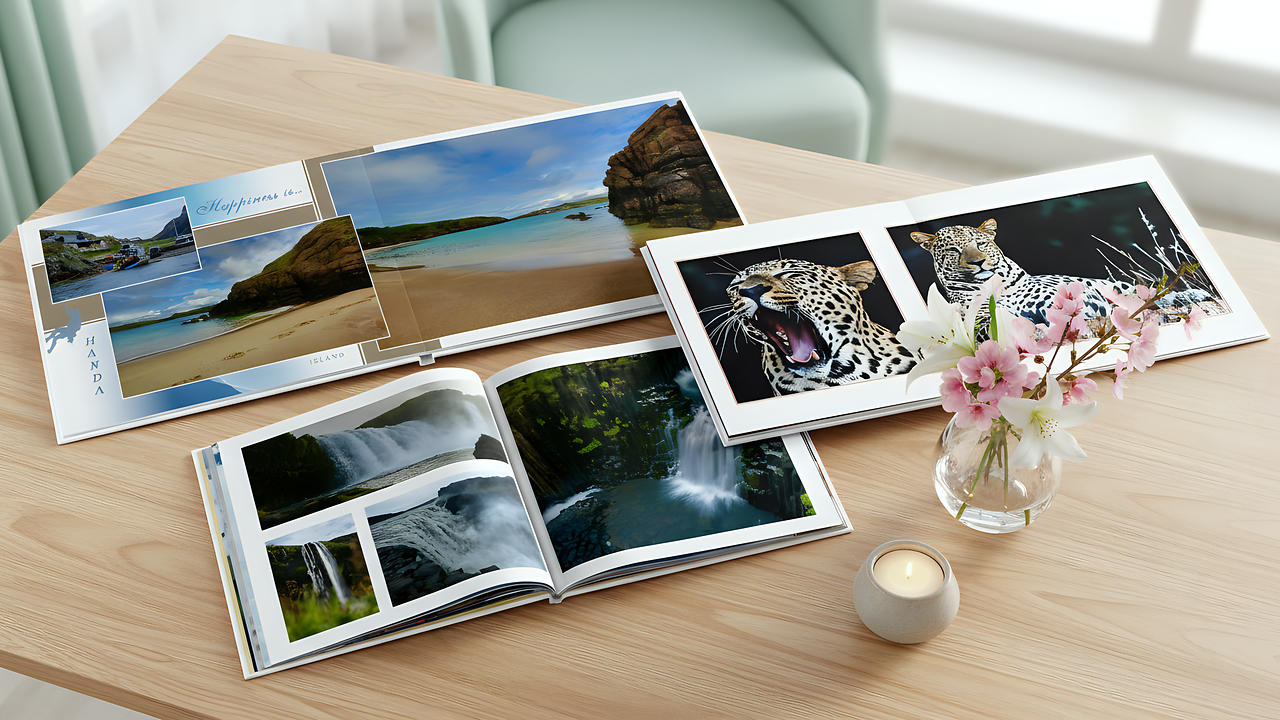Tre Fotolibri Pixum panoramici layflat su untavolo con tante foto diverse