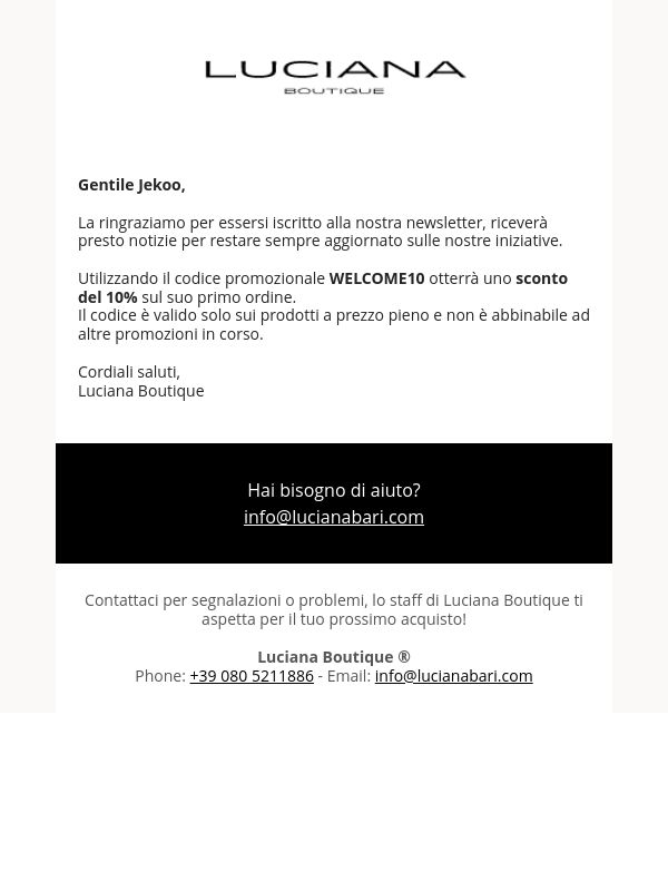 Luciana Boutique - Iscrizione avvenuta con successo