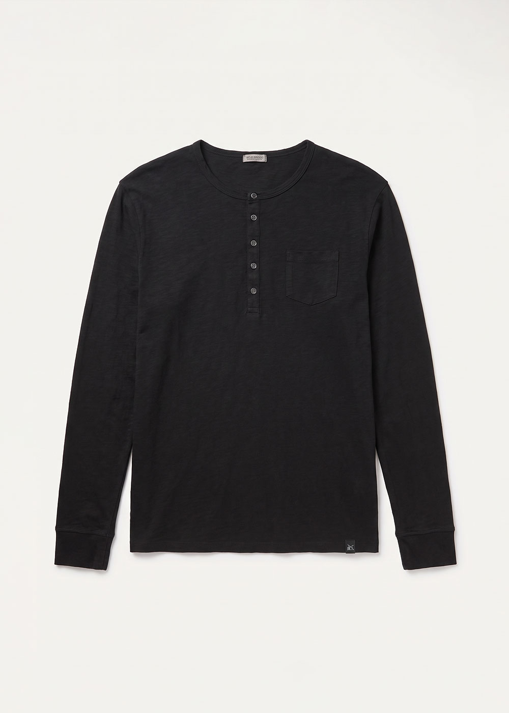 Men's black long-sleeve henley shirt with chest pocket and five-button placket, flat-lay on white background
