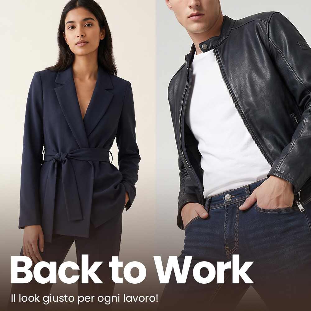 Split image: woman in navy belted blazer and man in black leather jacket, white T-shirt and jeans with 'Back to Work' text