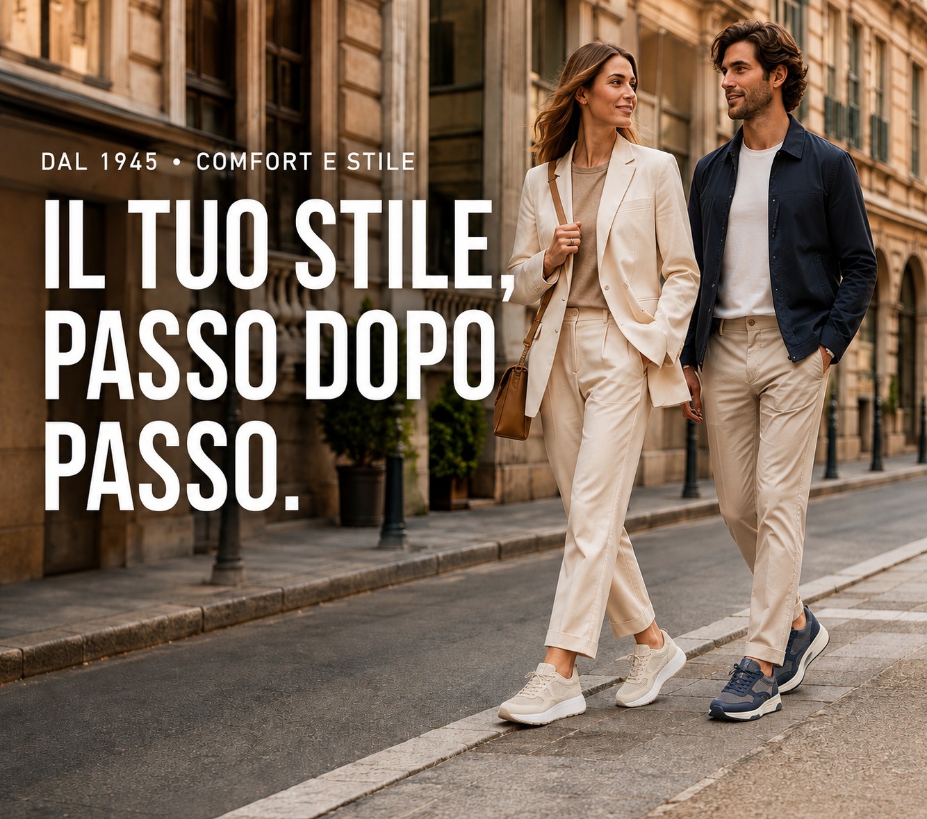 Stylish man and woman walking on European city street wearing neutral outfits and sneakers, smiling beside historic buildings