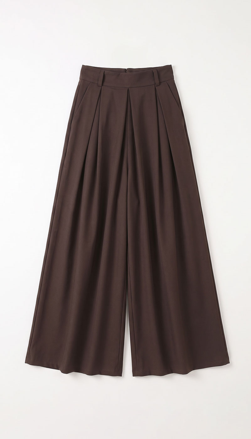 Brown high-waist wide-leg pleated trousers with belt loops and long flowing legs on a white background