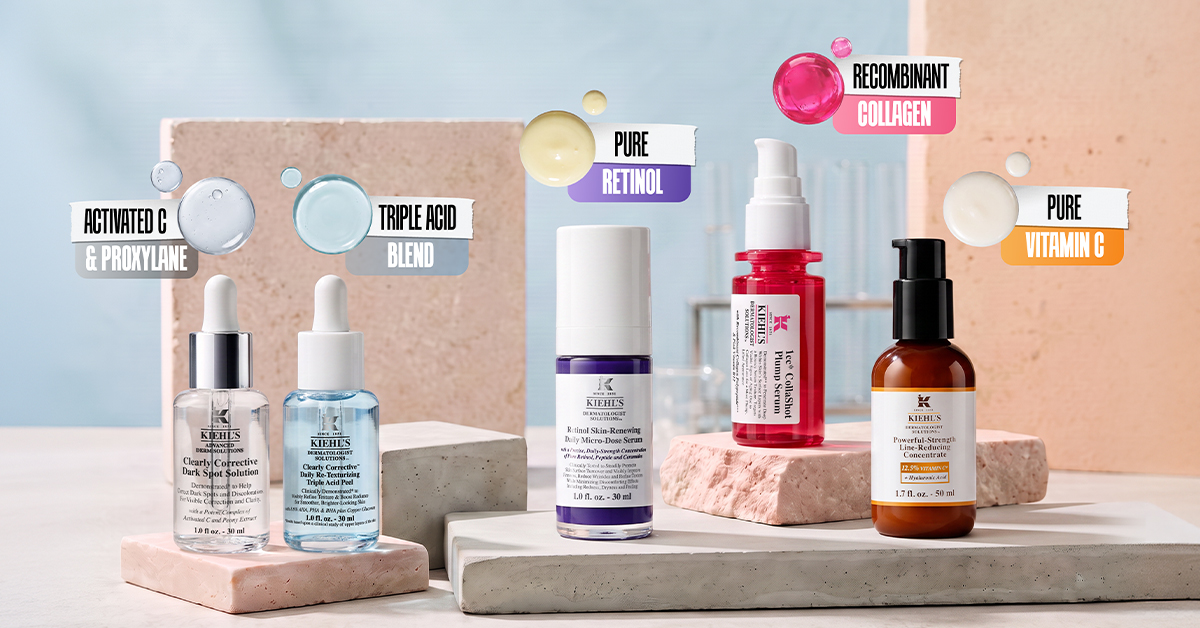 Sieri viso Kiehl's con gocce di texture e ingredienti chiave: Activated C, Triple Acid, Retinolo, Collagene e Vitamina C