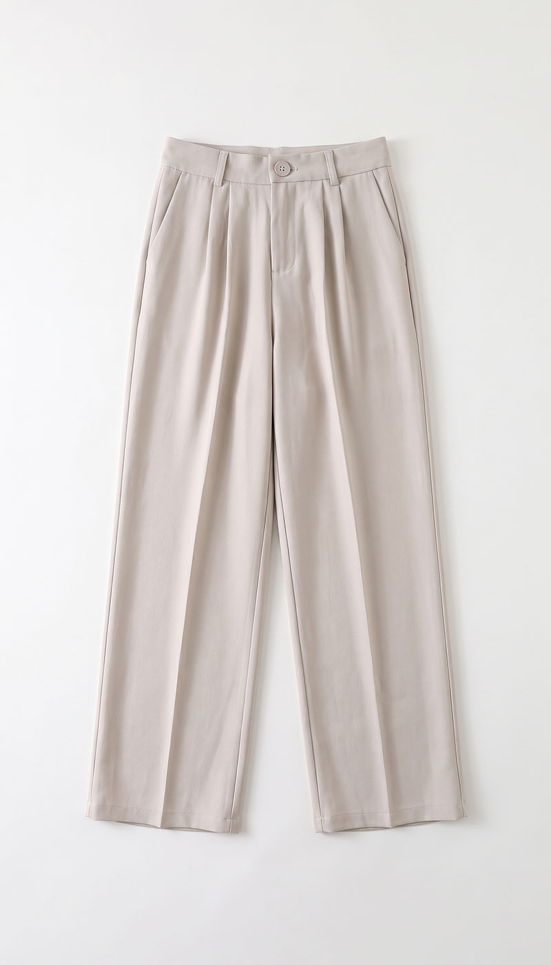 Beige high-waist pleated wide-leg trousers with front button and belt loops, flat-lay on white background