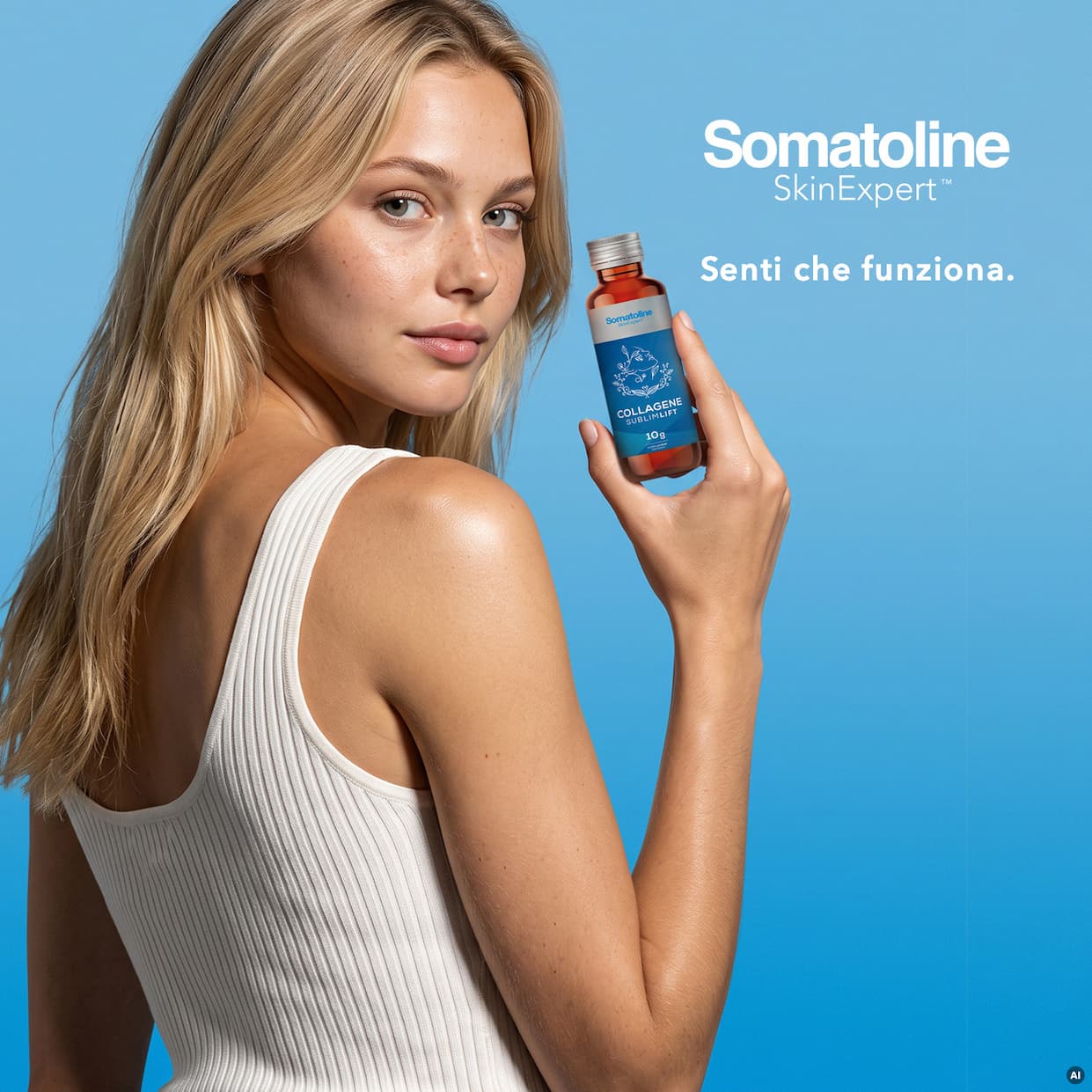 Woman holding a bottle of Somatoline SkinExpert Collagen, with Italian text.