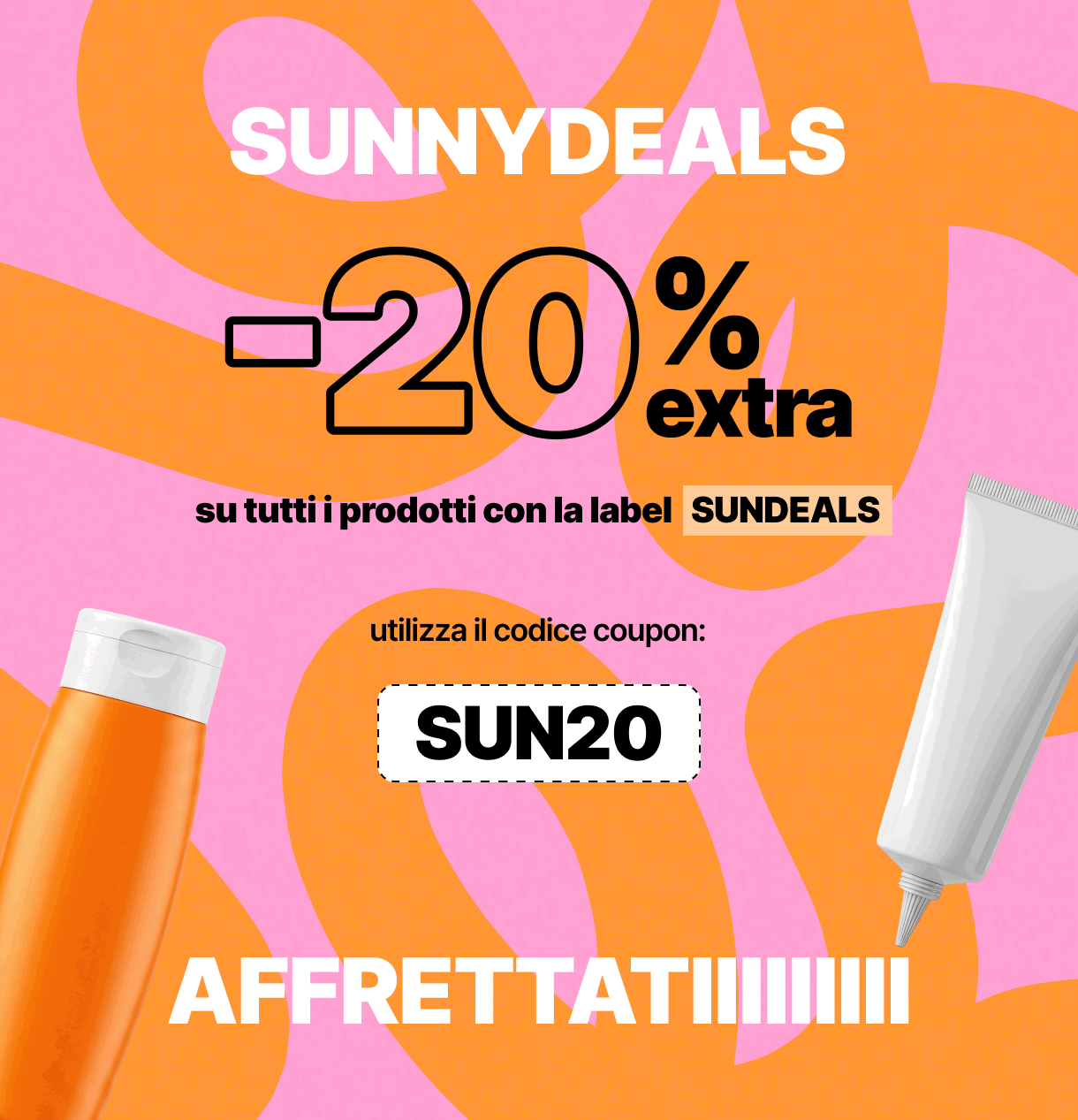 SUNNYDEALS promo banner showing -20% extra, coupon SUN20, orange and white sunscreen tubes on pink and orange patterned background