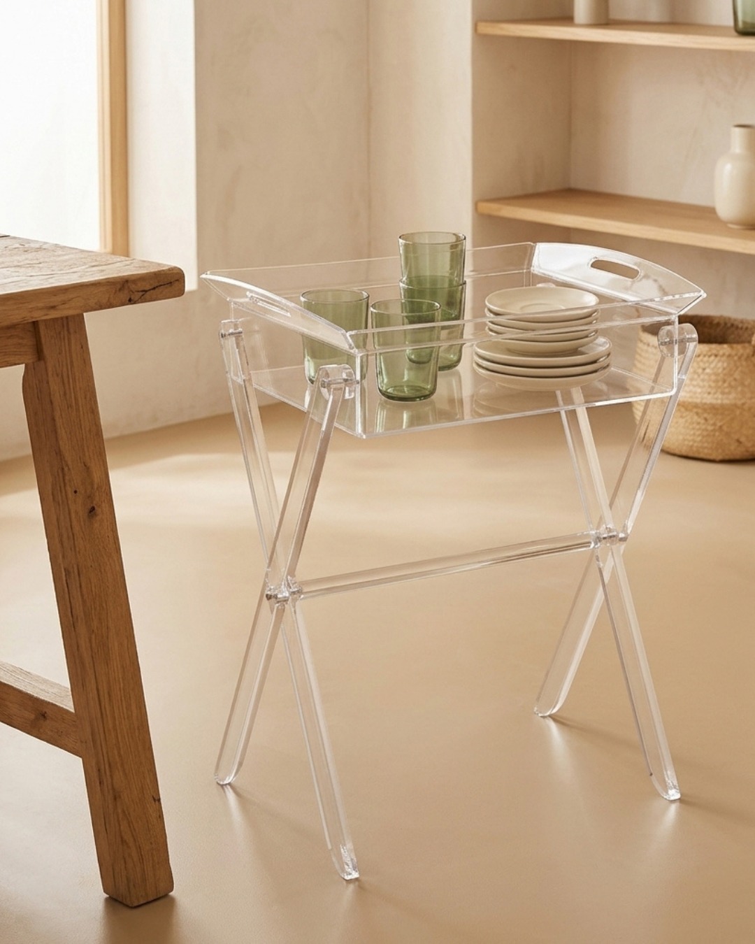 Clear acrylic folding tray table holding green drinking glasses and stacked ceramic plates in a minimalist kitchen with wooden table and shelving