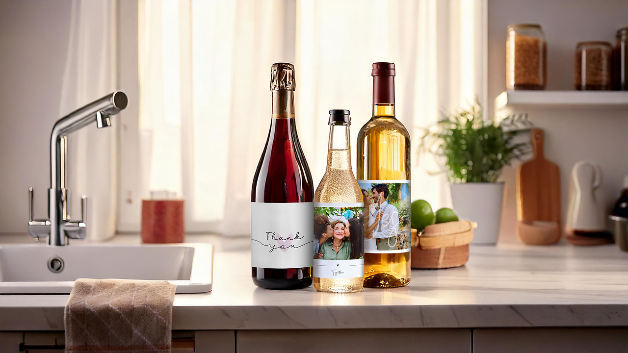 Bottiglie in cucina con etichette personalizzate
