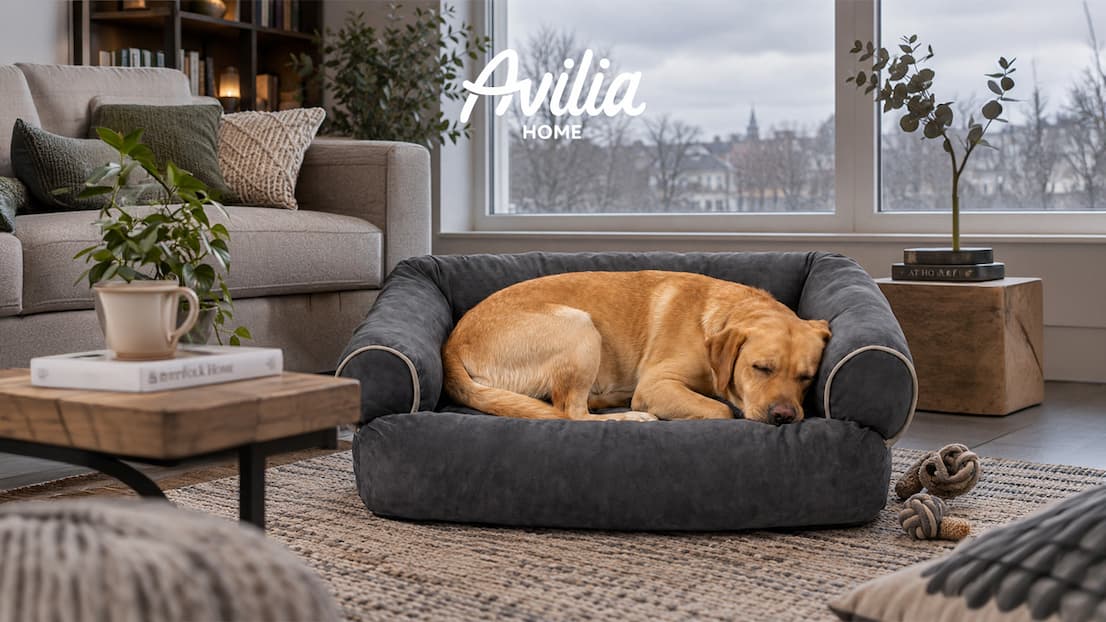 Salotto di casa con cuccia e cane che dorme in una giornata nuvolosa