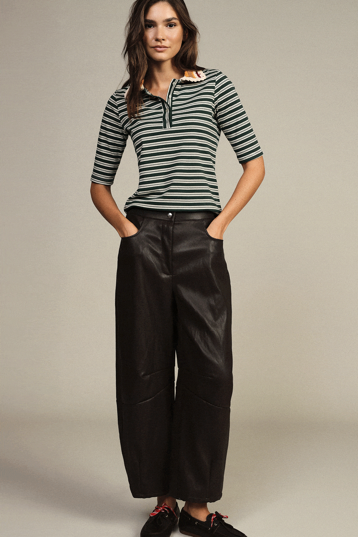 Collage of three models in women's knitwear: striped top with wide black trousers; shimmery turtleneck with embellished skirt; brown long‑sleeve top with high‑waist trousers