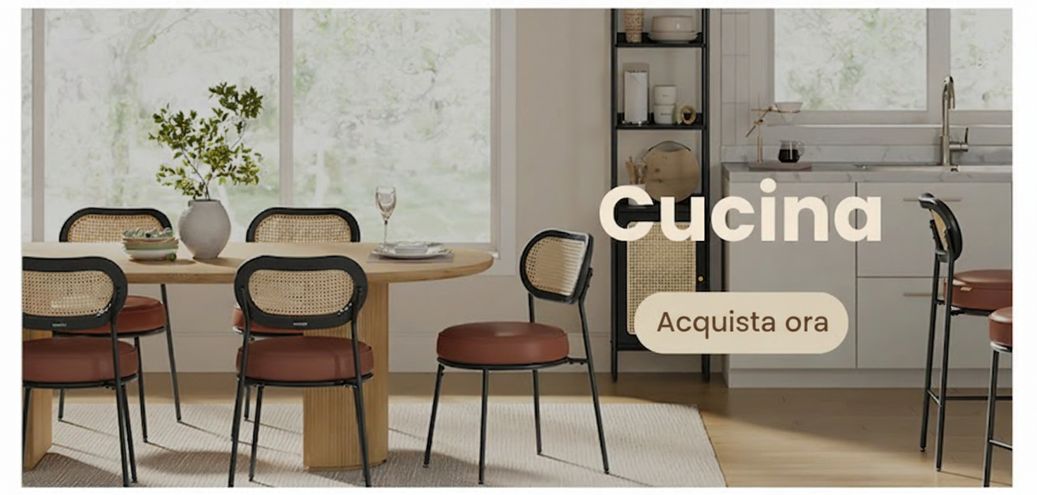 Dining chairs and a table in a kitchen with "Cucina" and "Acquista ora" text.