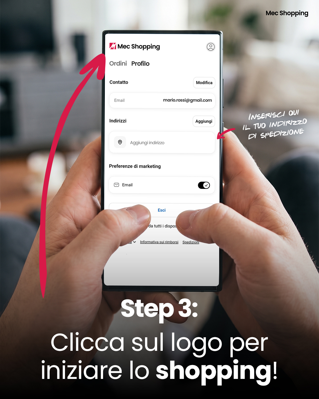 Hands holding a smartphone showing the Mec Shopping app profile screen, arrow pointing to the logo with instruction to click it to start shopping
