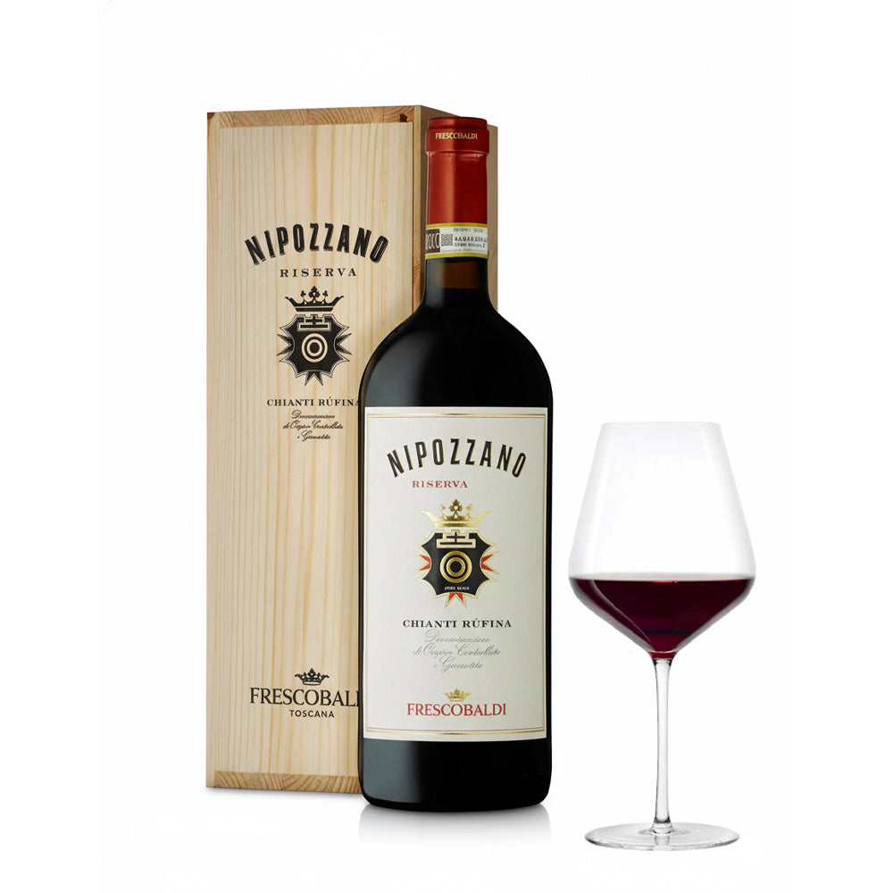 Nipozzano Chianti Rufina DOCG Riserva 2020 Magnum In Cassetta Legno Con 12 Calici 82 cl Stolzle Lausitz Starlight