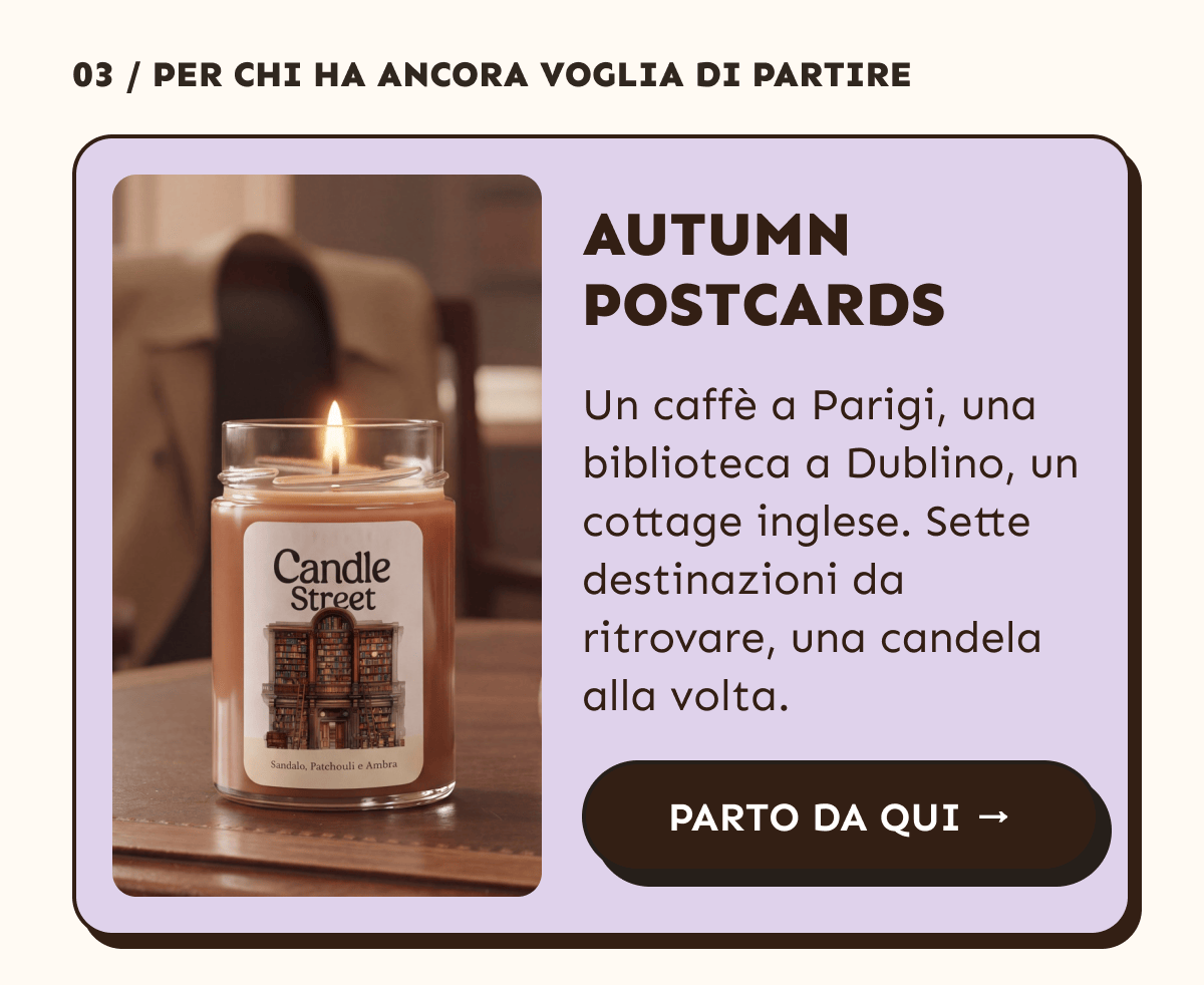 Autumn Postcards. Un caffè a Parigi, una biblioteca a Dublino, un cottage inglese. Sette destinazioni da ritrovare, una candela alla volta. Parto da qui.