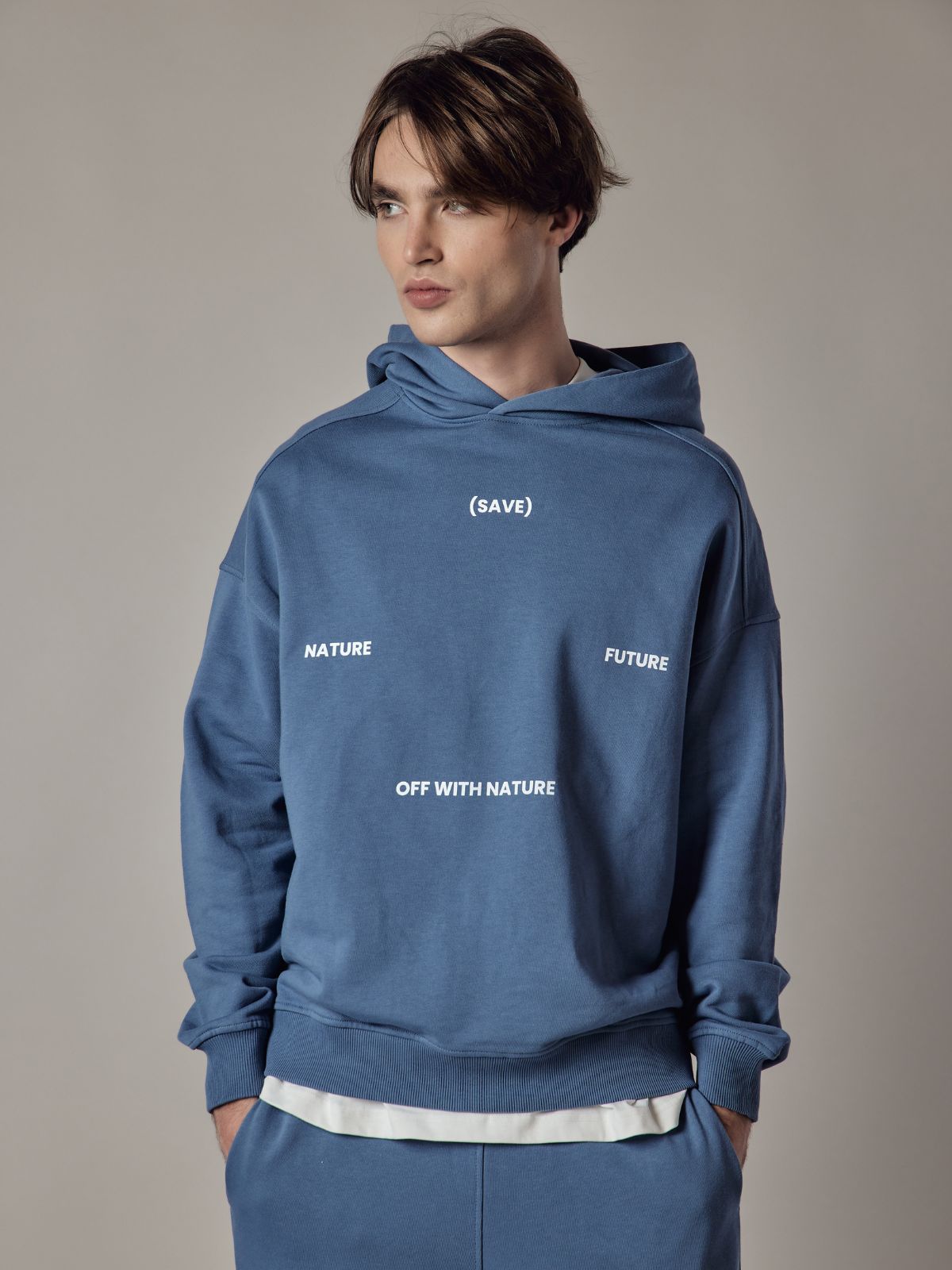 Felpa con Cappuccio Loose Fit Dusty Blue