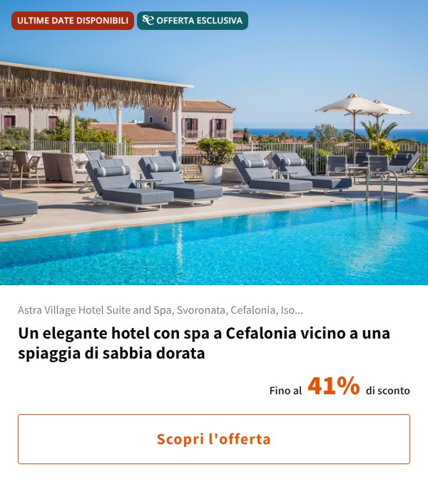 Un elegante hotel con spa a Cefalonia vicino a una spiaggia di sabbia dorata