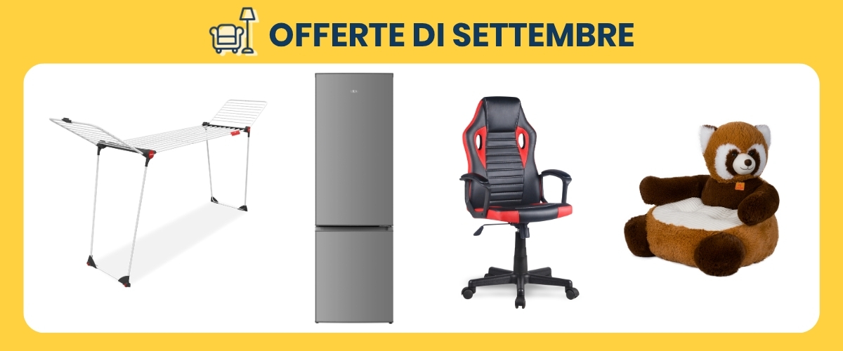 September offers banner showing folding clothes airer, silver fridge, black-red gaming chair and brown plush animal kids armchair