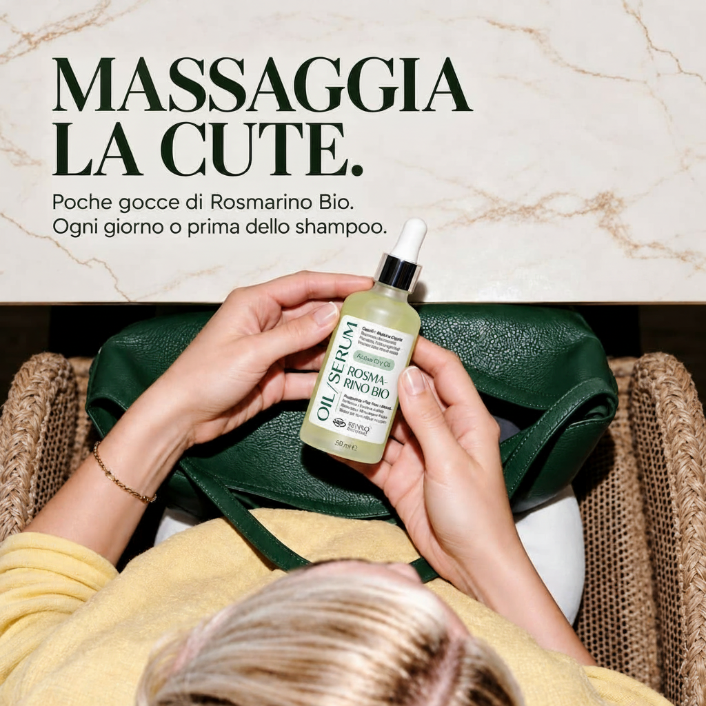 A person holds a bottle of rosemary oil serum, with text promoting scalp massage.