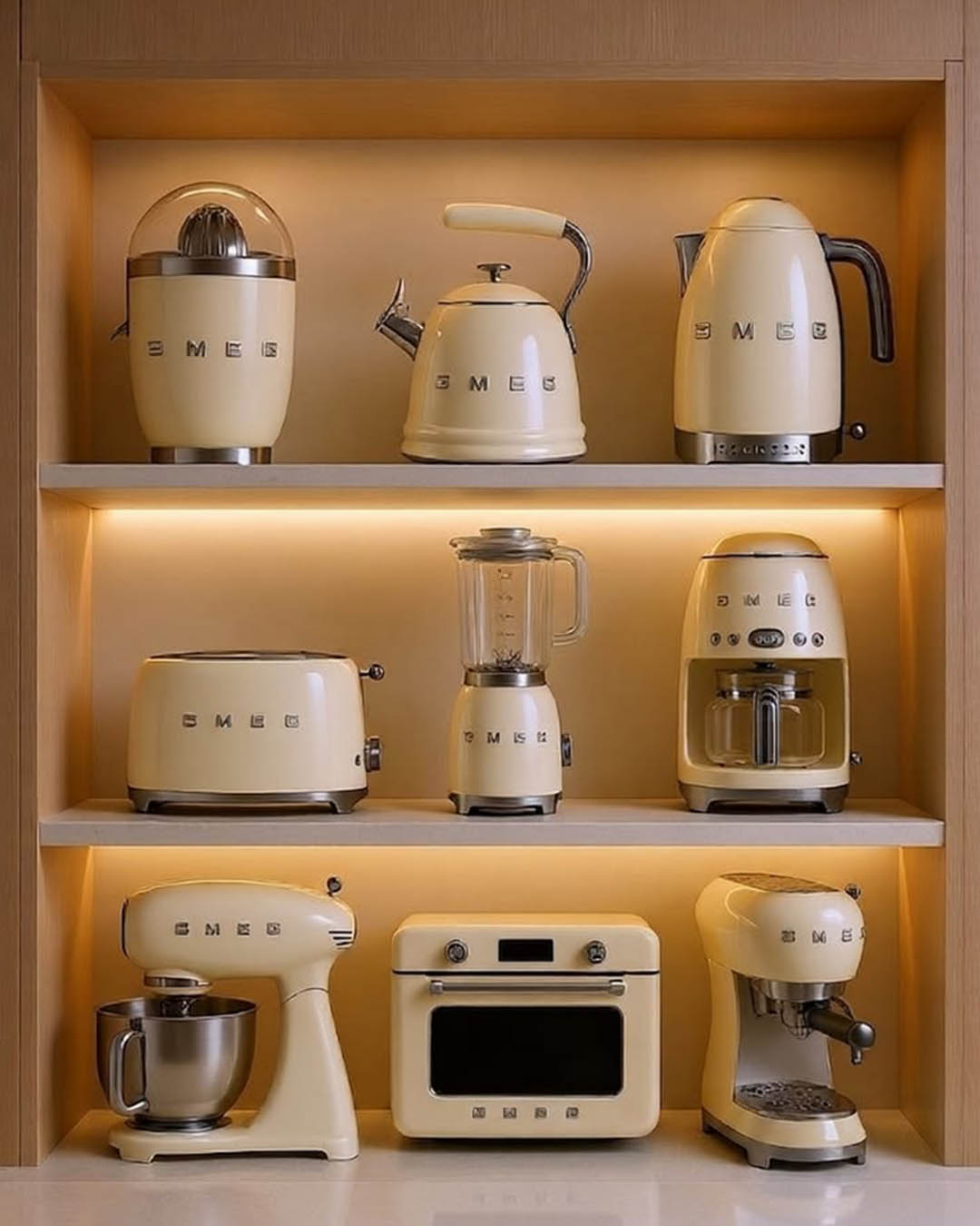 Cream SMEG kitchen appliance set (kettle, toaster, blender, coffee machine, mixer, mini oven) on illuminated wooden shelves